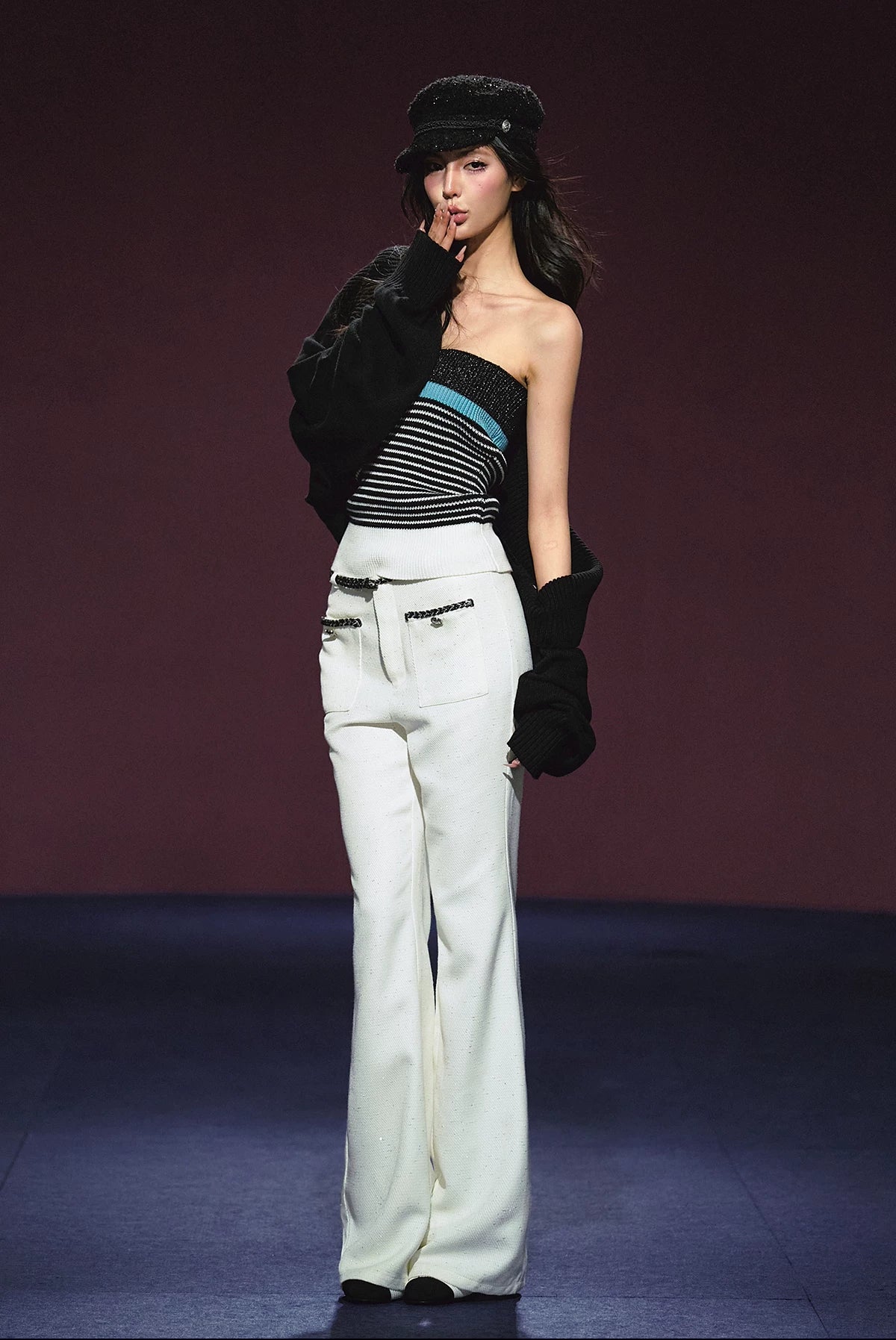Ivory Contrast Belt Shimmer Knit Flared Pants