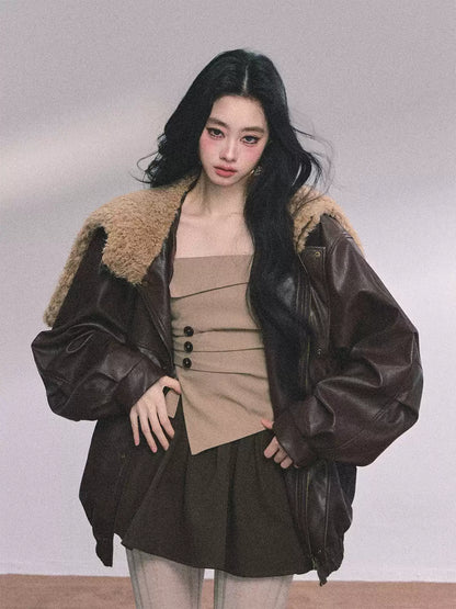 少也眼 Loose Fit PU Leather Jacket with Sherpa Lining