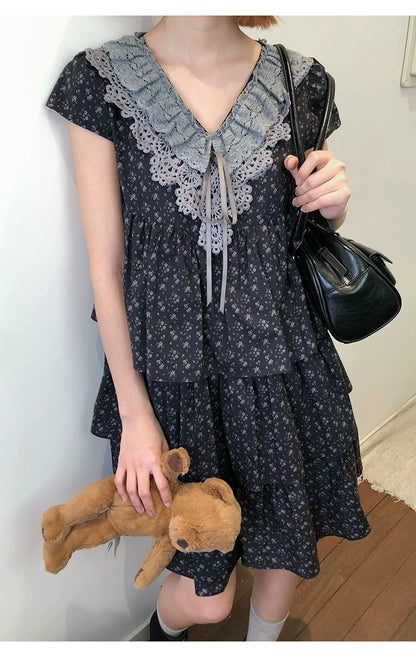 “Midnight Petal” Gray-Black Floral Top & Tiered Dress