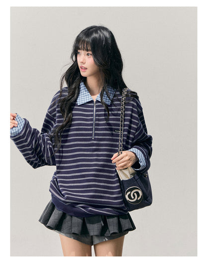 少也眼 “She Fades into Blue” Faux-Layered American Stripe Polo Top 54542