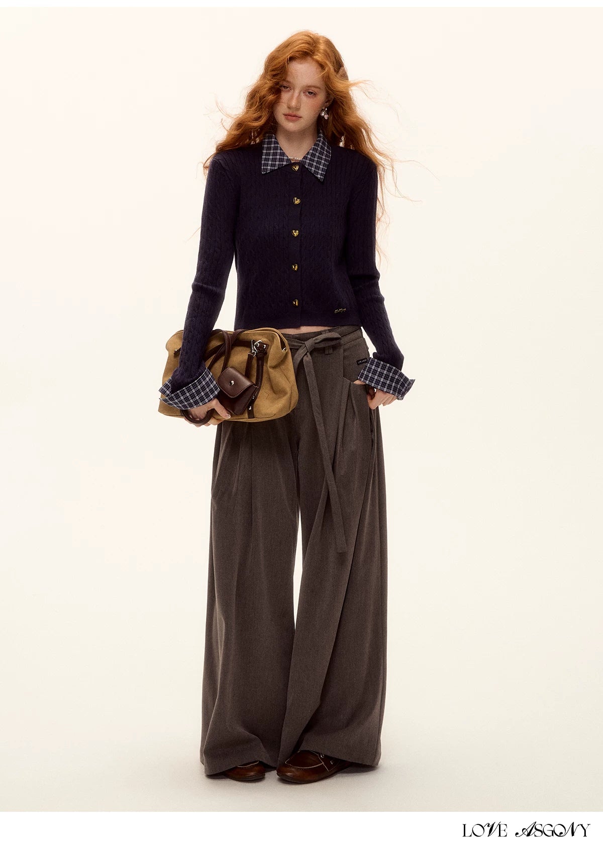 ASGONY - Pleated Wide-Leg Trousers with Detachable Tie (Gray / Brown)