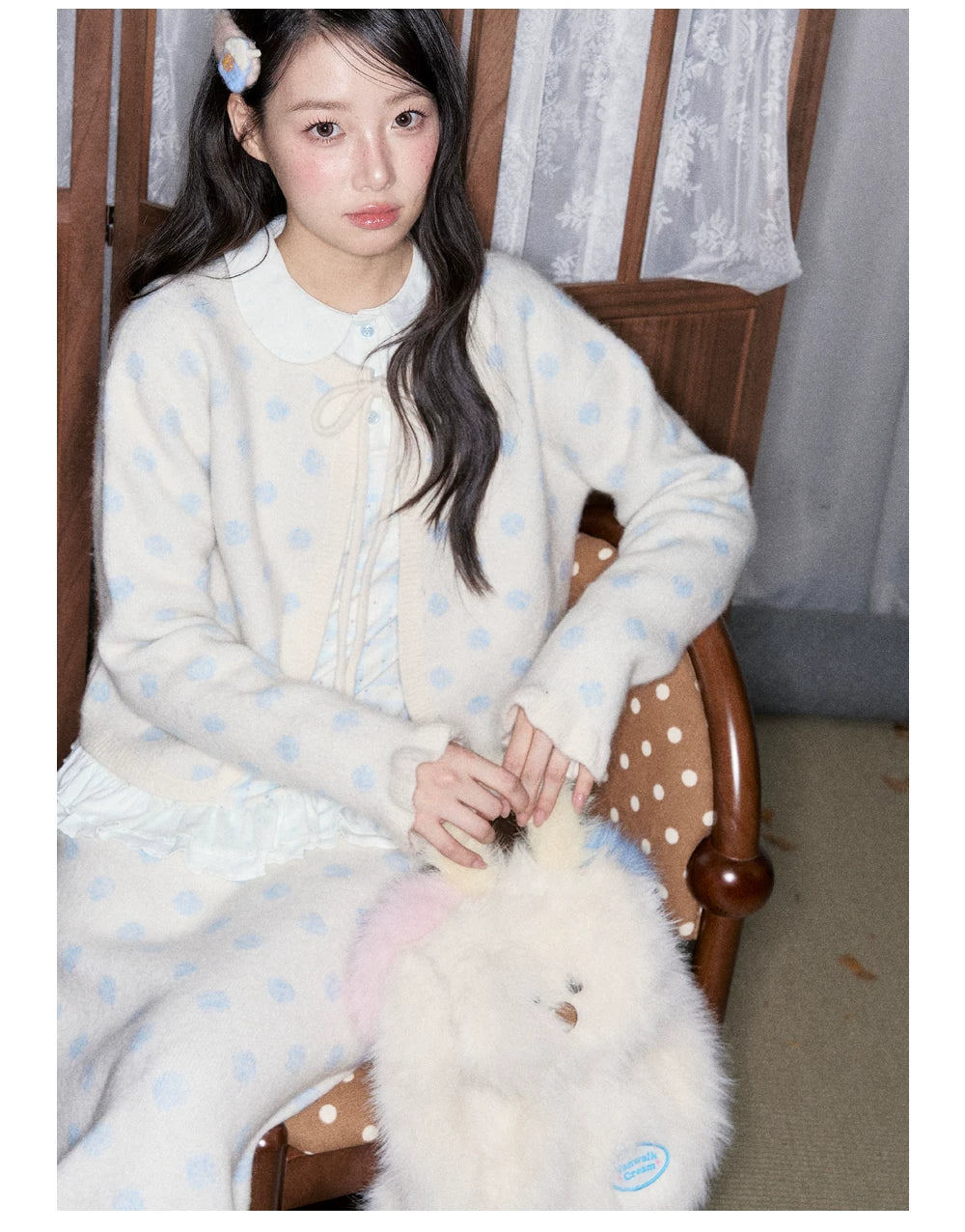 [RF] Ice Blue Polka Dot Knit Cardigan & Midi Skirt Set