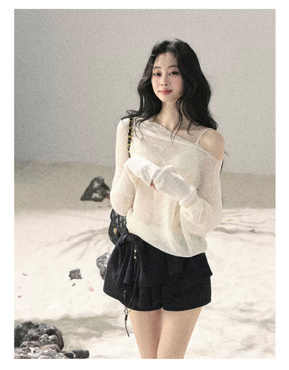 "Misty Veil Whisper" Holland Cheese Off-Shoulder Sheer Sun Protection Top 5345634