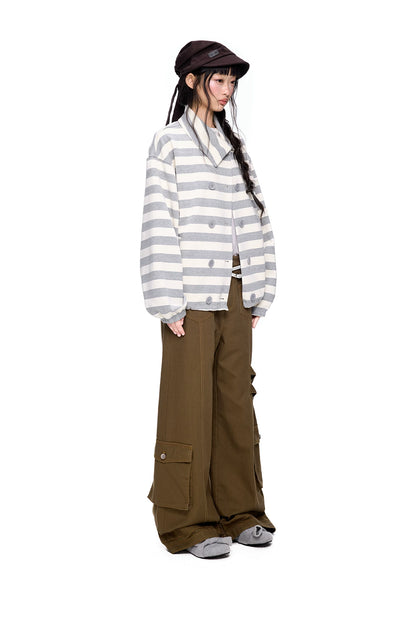 EZEK | Striped Asymmetrical Collar Cardigan Sweatshirt with Double-Breasted Buttons
