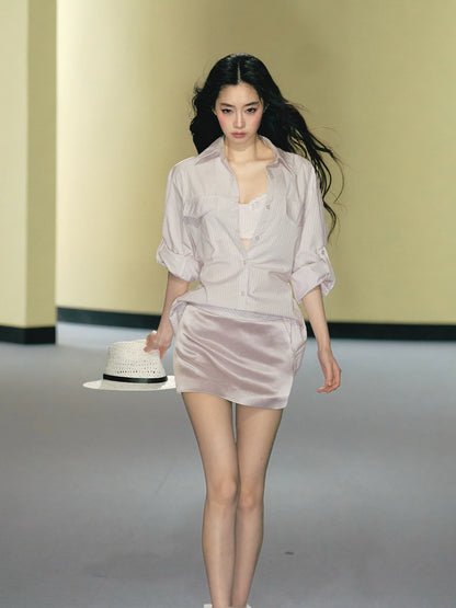 "Rosé Study Session" Pink Stripe Shirt, Lace Corset Cami & Champagne Skort Set