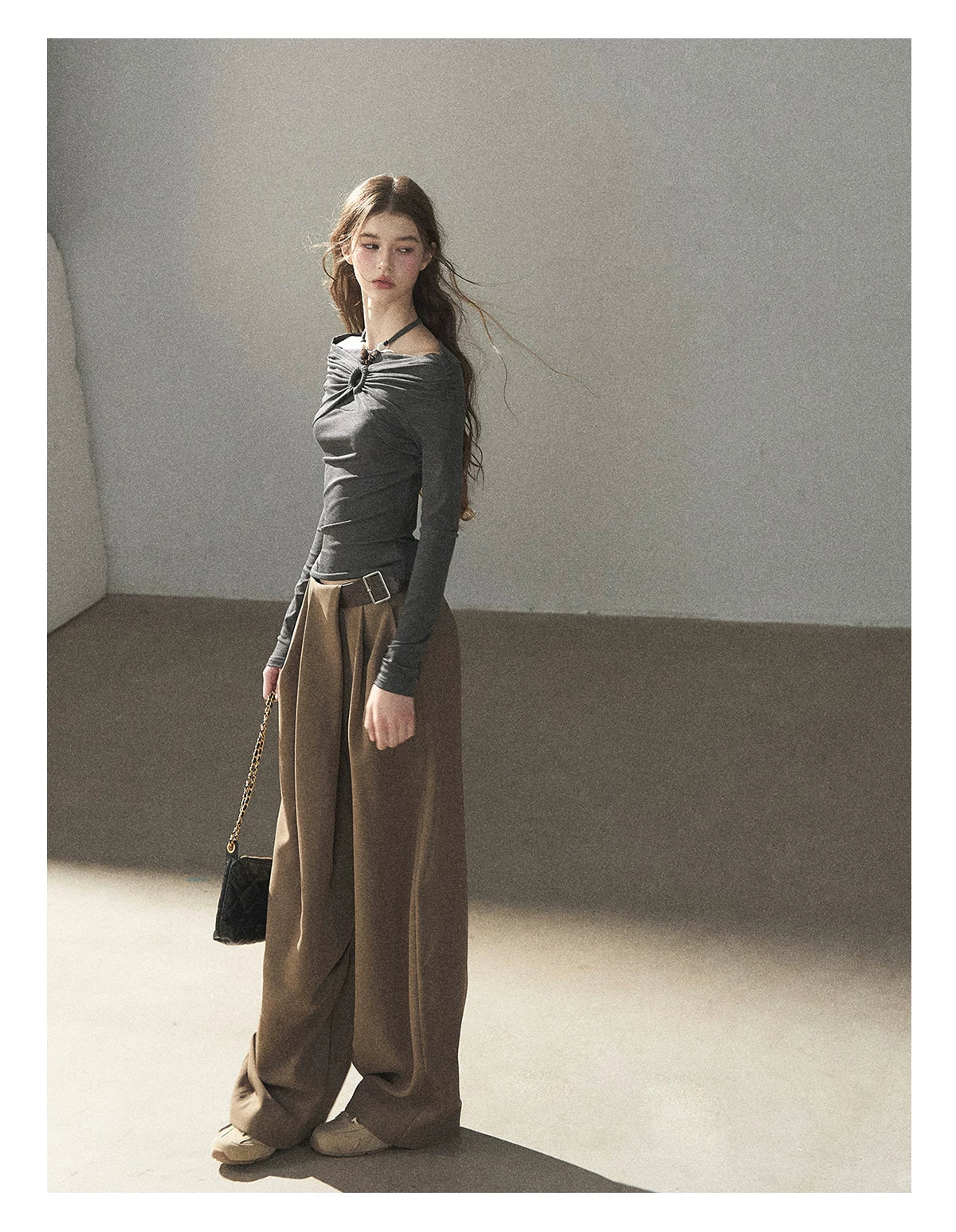 AOMALM - "A Touch of Autumn" Loose Relaxed Balloon Wide-Leg Pants With Belt (Dusty Taupe Brown / Quiet Black)