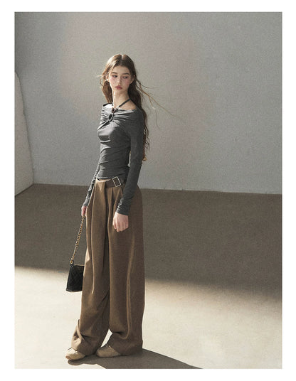 AOMALM - "A Touch of Autumn" Loose Relaxed Balloon Wide-Leg Pants With Belt (Dusty Taupe Brown / Quiet Black)