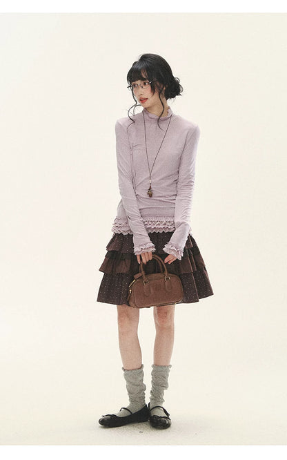 "Caramel Lace Notes" Brown Polka Dot Tiered Lace Midi Skirt
