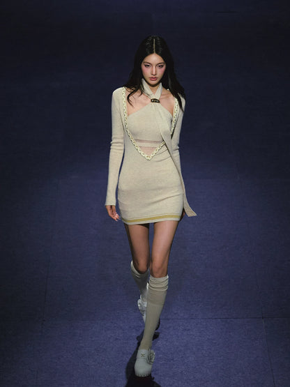 "Soft Sonata" Light Apricot Layered Sheer Knit Dress