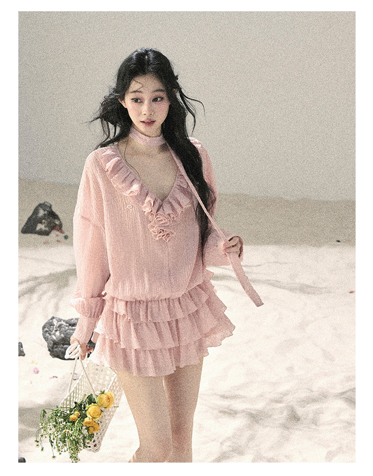“Evening Breeze Skirt” Lotus Pink Tiered Chiffon Mini Dress with Scarf Tie & Shorts