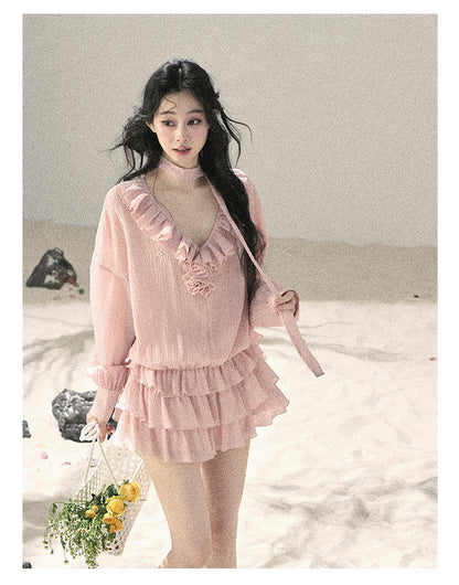 “Evening Breeze Skirt” Lotus Pink Tiered Chiffon Mini Dress with Scarf Tie & Shorts