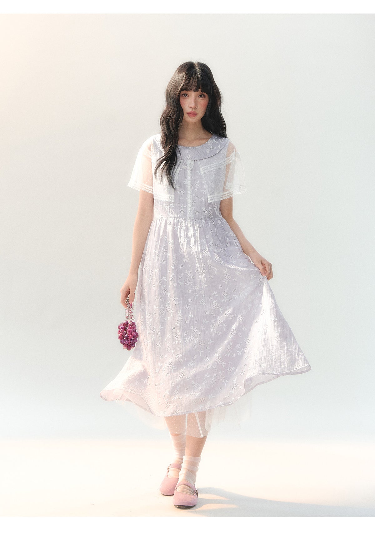 [CAN] "Lavender Bloom Whisper" Purple Floral Cape Tulle Tie-Waist Dress