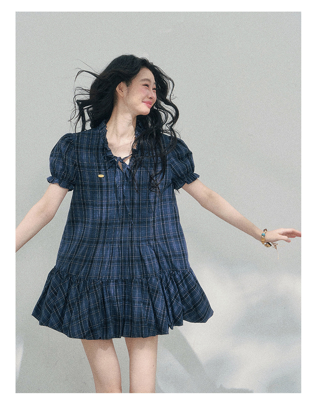 “Soft Pleats in Motion” Academy Blue Bubble Mini Dress