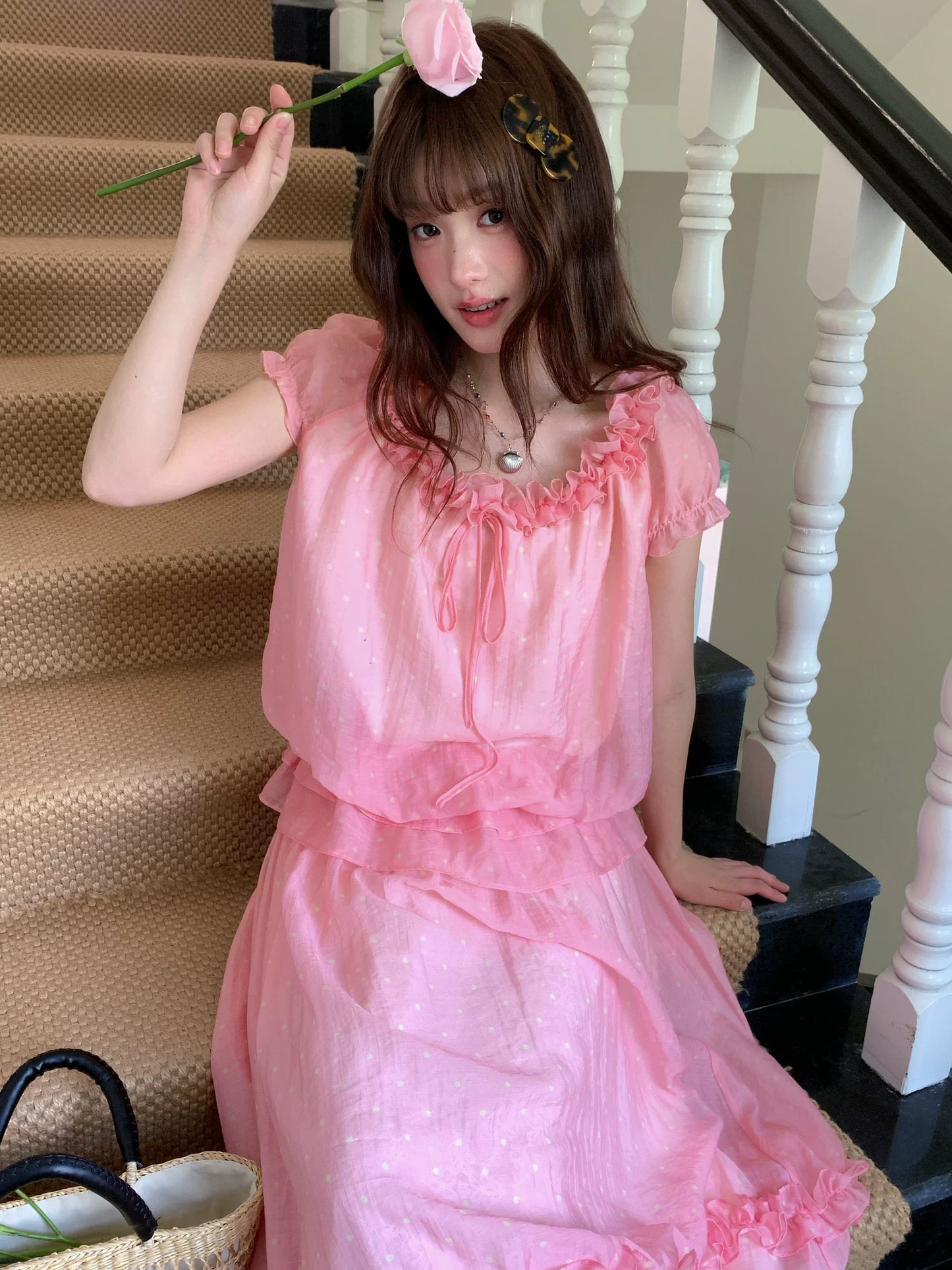 [RF] “Peach Picnic Reverie” Pink Plaid Two-Piece Skirt Set