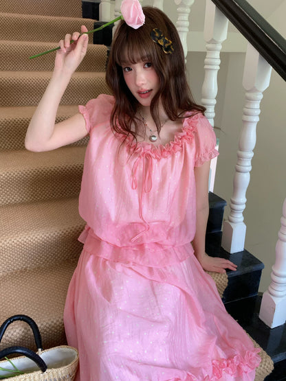 [RF] “Peach Picnic Reverie” Pink Plaid Two-Piece Skirt Set