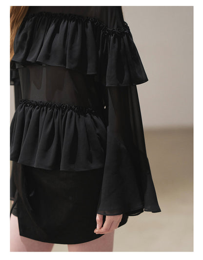 170726 "Veiled in the Evening Mist" Tranquil Black Ruffle Blouse