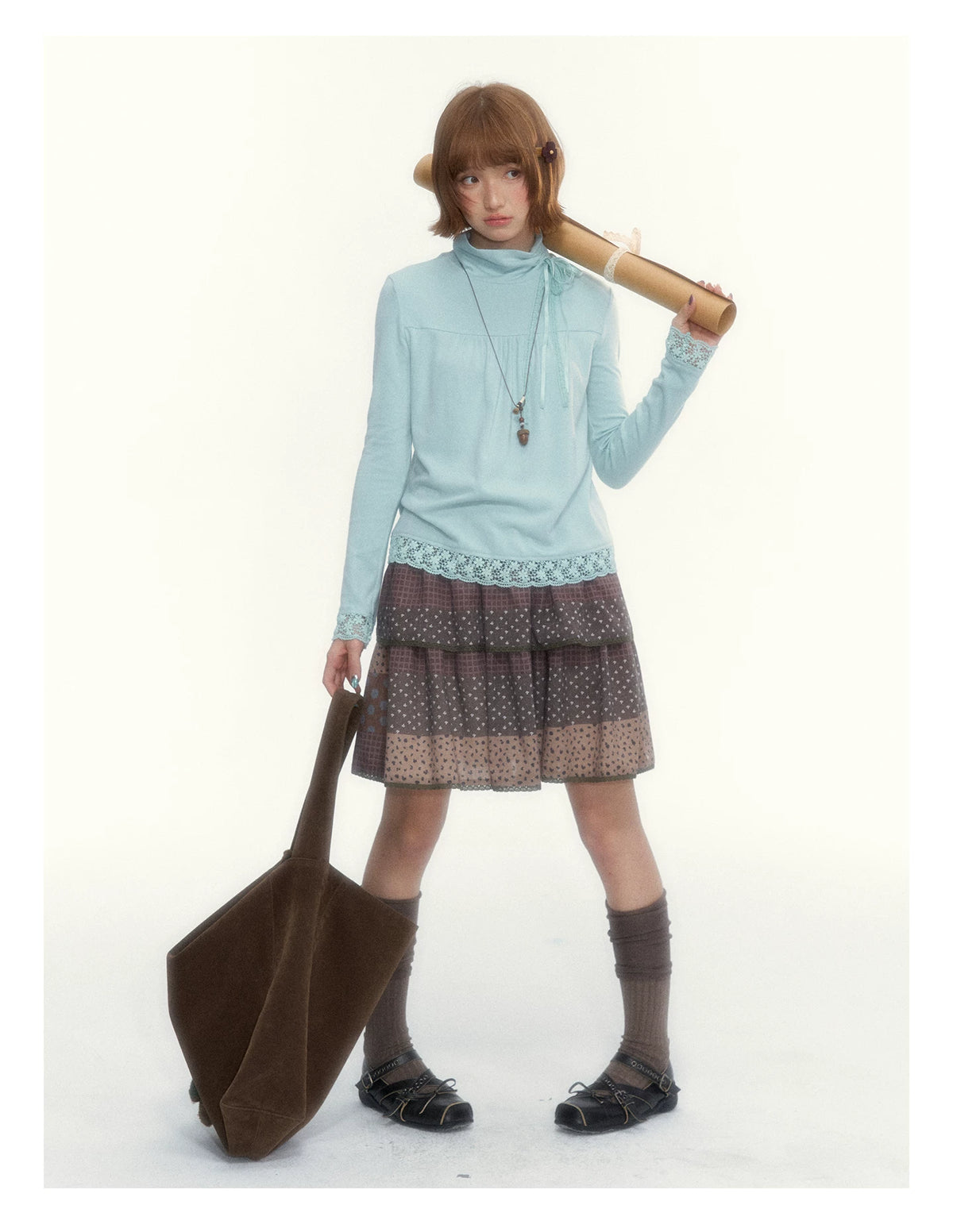 “Mint Milk Pudding” Mint Blue Lace-Trimmed Mock Neck Knit Top