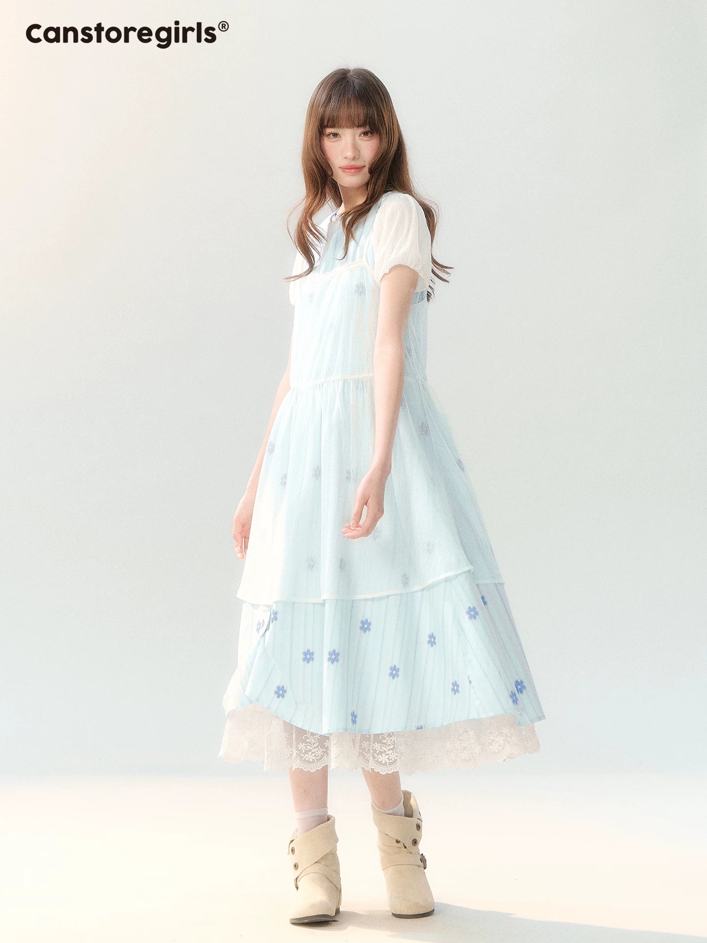 "Soft Bloom Chronicle" Blue Floral Dress & Apricot Cami Set