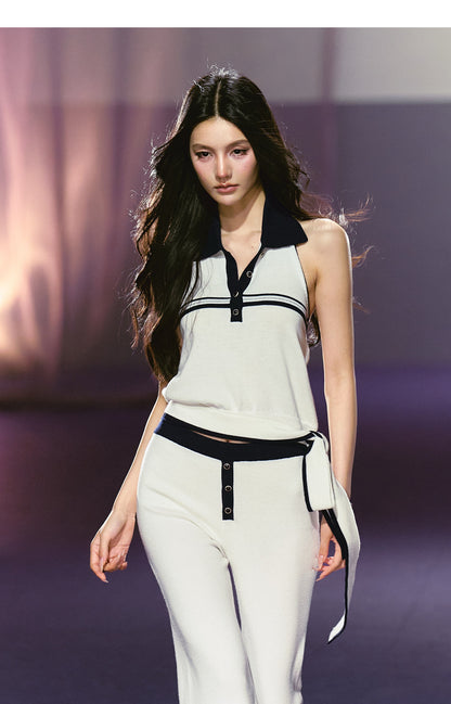 "Coastal Ease" Ivory Halter Knit Top & Contrast Knit Flare Pants Set