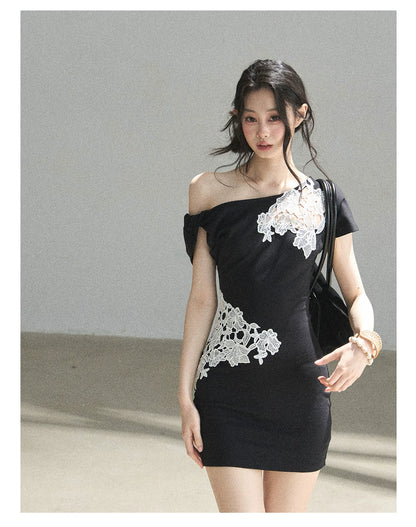 "When the Moon Didn't Arrive" Tranquil Black Lace Embroidered Bodycon Mini Dress