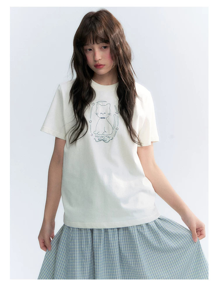 "Garden Kitty" Ivory Embroidered Cat Cotton T-Shirt