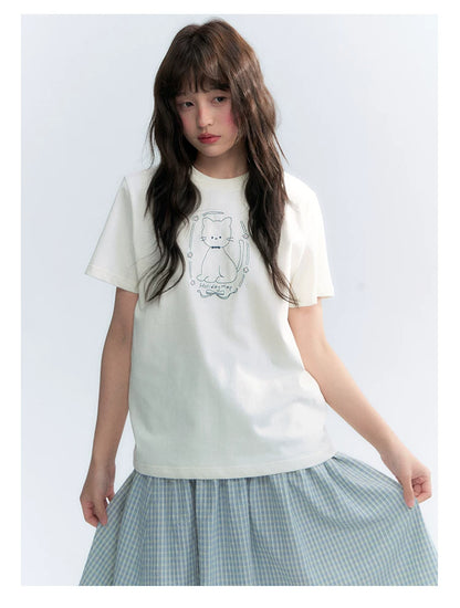 "Garden Kitty" Ivory Embroidered Cat Cotton T-Shirt