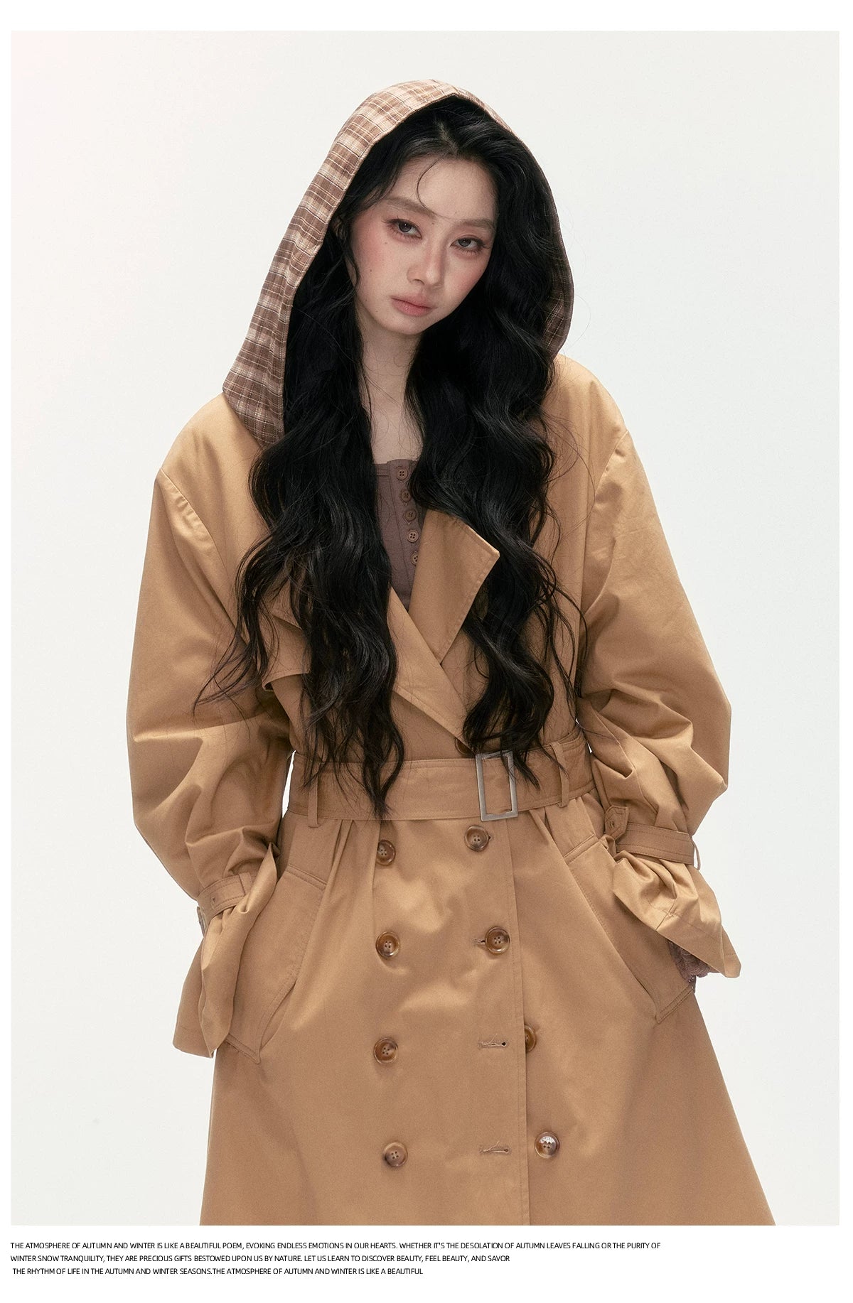 24olvides - Brown Long Padded Trench Coat with Plaid Hood