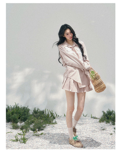 少也眼 "Pink Cloud Reverie" Cinnamon Pink Lace Sweet Two-Piece Skirt Set 563856385