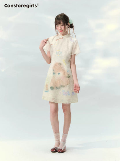 “Velvet Deer Whisper” Ivory Deer Print Cheongsam Dress LL2026174