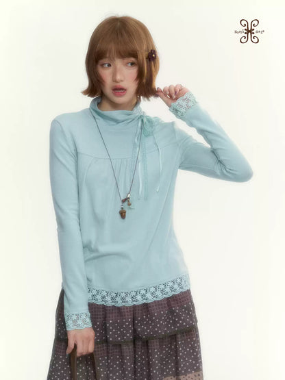 “Mint Milk Pudding” Mint Blue Lace-Trimmed Mock Neck Knit Top
