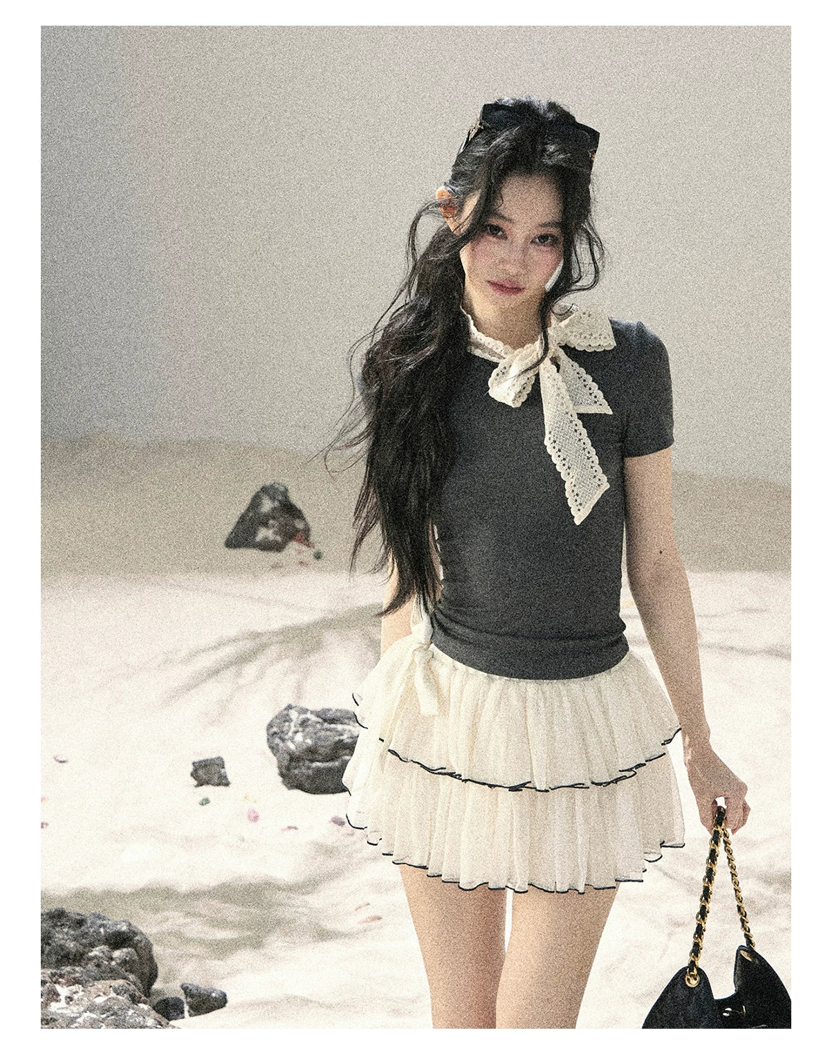 "Shadows & Soft Clouds" Slate Gray Bow Accent Crop Top