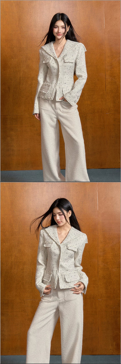"Winter Heiress" White Tweed Sailor Collar Jacket