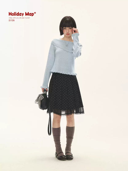 "Sea Salt Bloom" Sea Salt Blue Off-Shoulder Ruffle Knit Sweater