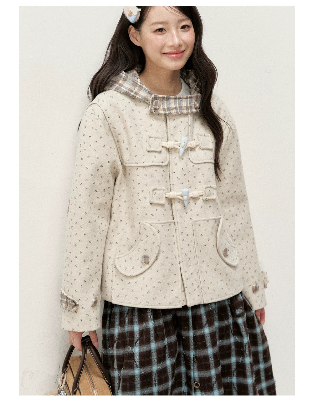 [RF] Floral Heather Beige Apricot Plaid-Trim Hooded Duffle Coat