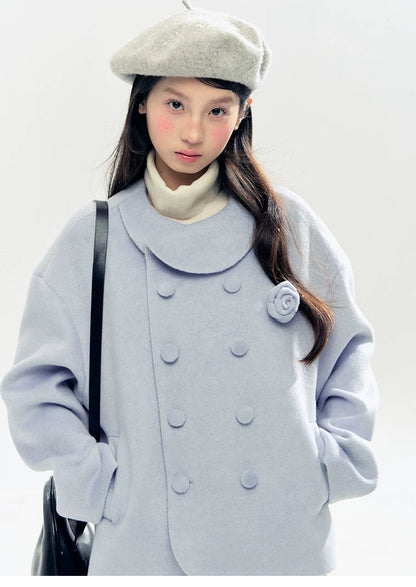 "Rose Manifesto" Frosted Blue Double-Breasted Quilted Wool-Blend Peacoat