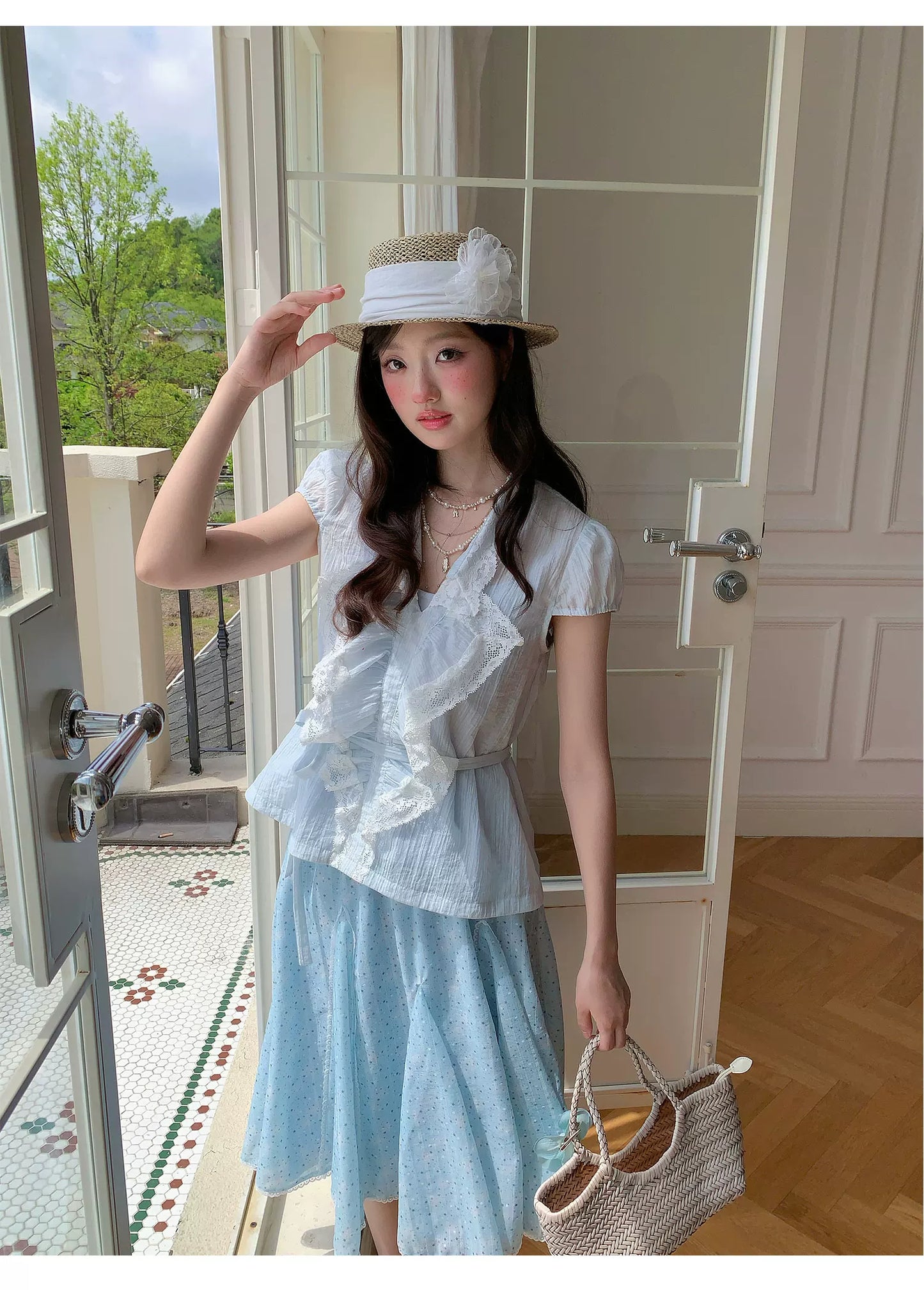 “Blue Berry Stardust” Blue Floral Polka Dot Skirt