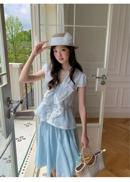 “Blue Berry Stardust” Blue Floral Polka Dot Skirt