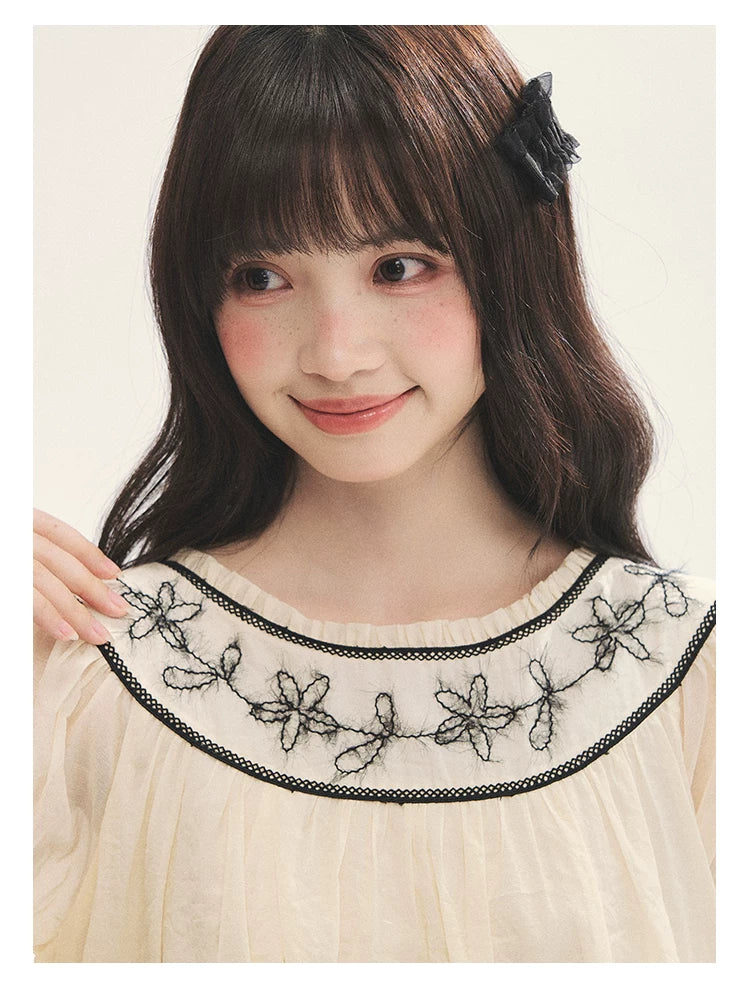 "Midnight Princess" Yellow Flower Rope Embroidered Babydoll Midi Dress