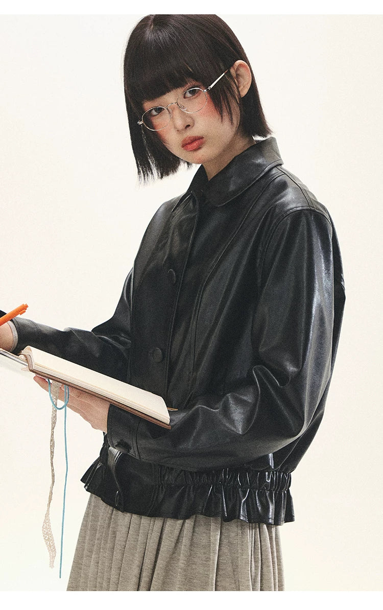 "Venus Gallery" Black Ruffle Collar Cropped Faux Leather Jacket