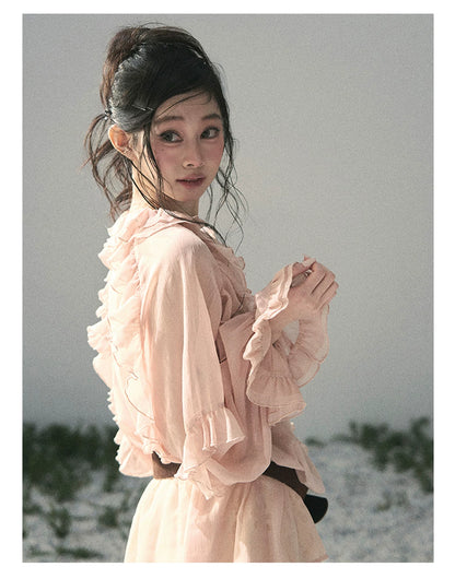 “Whispers of the Wind” Blush Pink Lace Chiffon Blouse (With Belt)