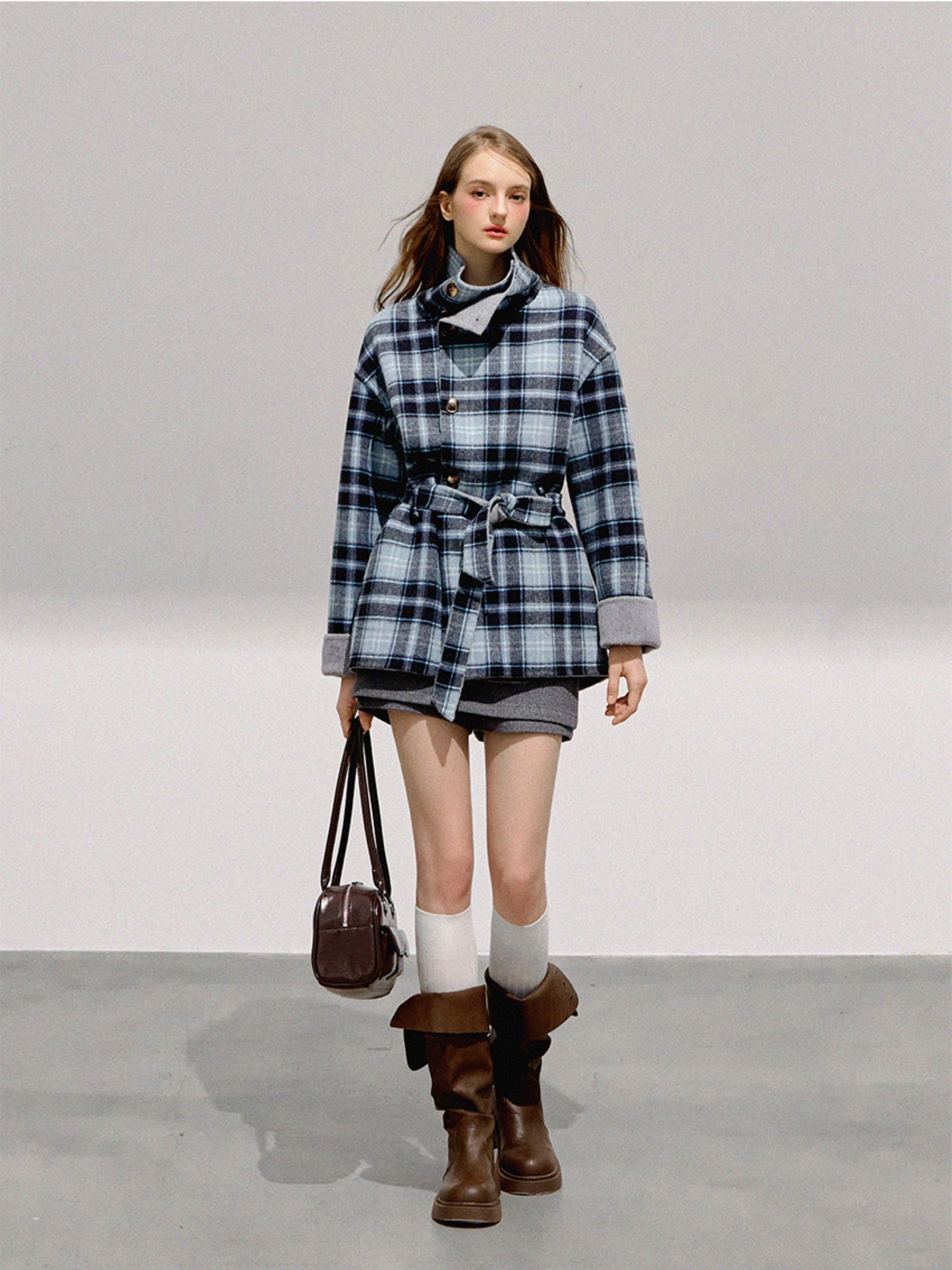 BOHOL BLING - Reversible Plaid Wool Coat – Vintage Contrast Short Wool Jacket