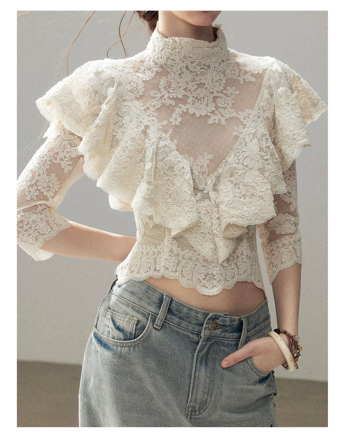 "Translucent Bloom" Dutch Cheese Lace Cropped Top