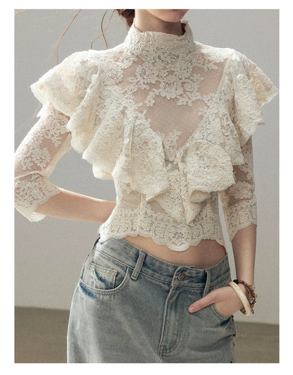 "Translucent Bloom" Dutch Cheese Lace Cropped Top