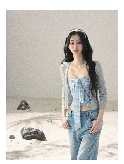 "Blue Danube Reverie" Mist Blue Bow Bandeau Crop Top & Cardigan Set 54638463