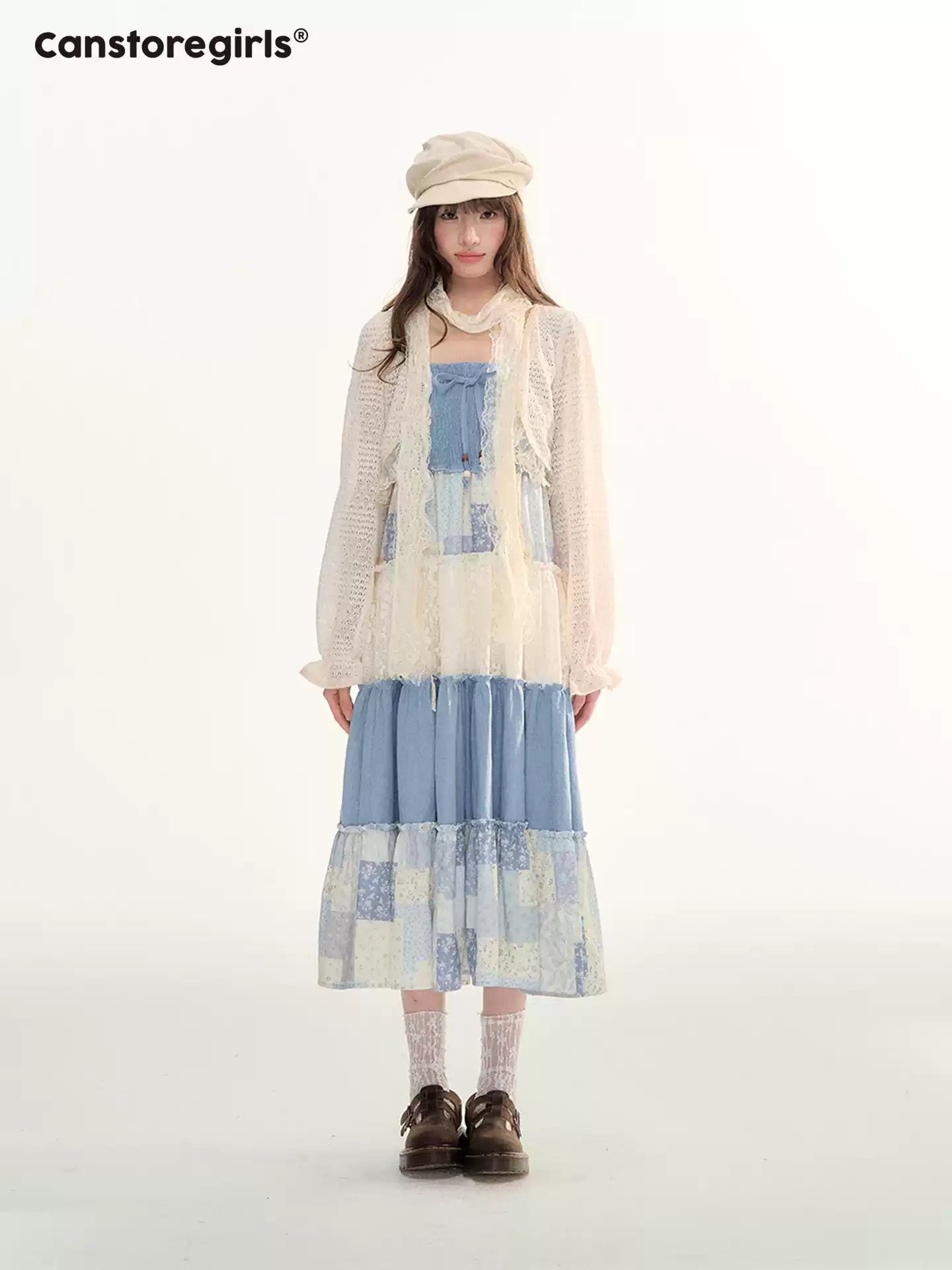 Blue Patchwork Tiered Smocked Dress LL2026106