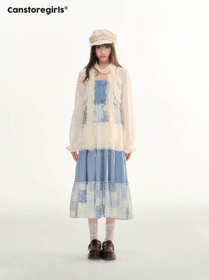 Blue Patchwork Tiered Smocked Dress LL2026106