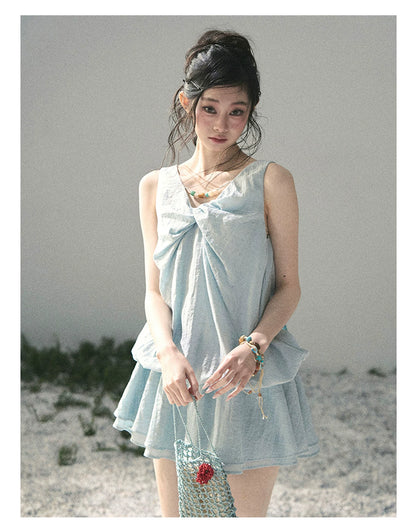 “Whispering Grass” Moonlight Blue Twist Mini Dress