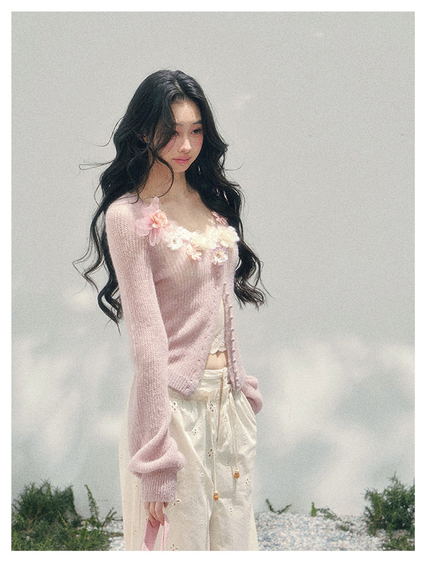 少也眼 “Spring Meadow Breeze” Floral-Embellished Mohair Knit Cardigan Set 5786998