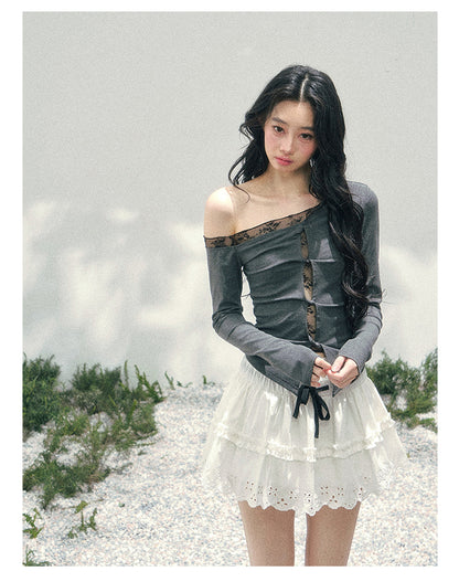 少也眼 “She Becomes Poetry in Motion” Layered One-Shoulder Lace Top - Deep Rock Gray 78967896