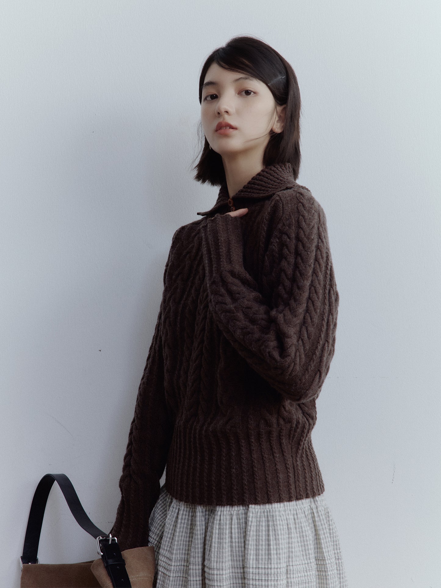 FUSSED Hazelnut Brown Vintage Cable Knit Wool Pullover Sweater FOF-25SS164b